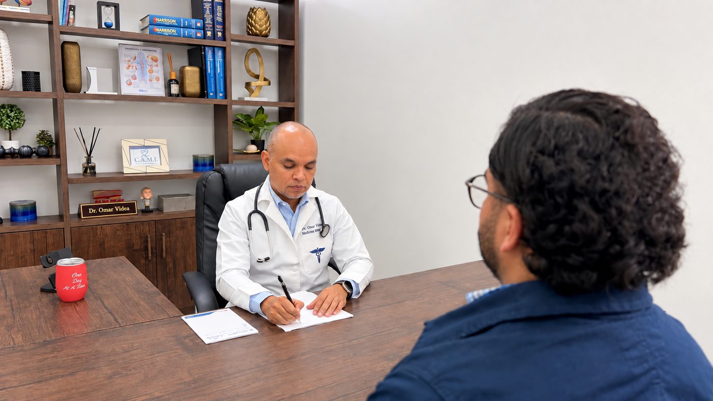 Dr. Omar Videa en consulta médica