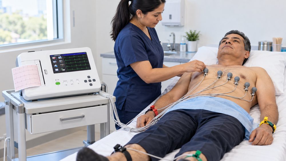 Técnica colocando los electrodos de un electrocardiograma a un paciente