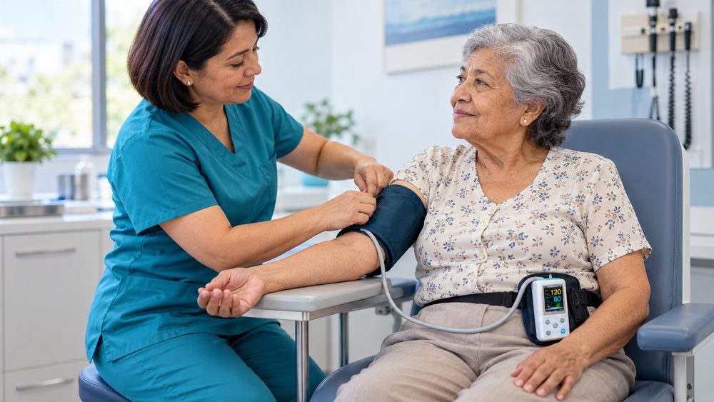 Técnica colocando el brazalete del monitor MAPA de presión arterial a una paciente